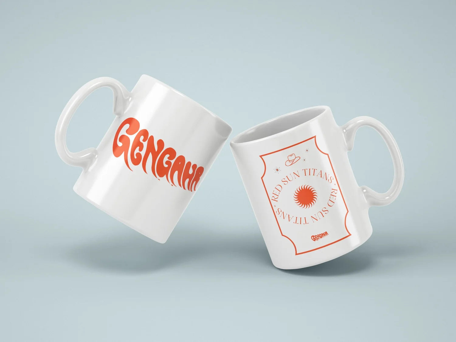 White ceramic mug with Gengahr logo and design print.