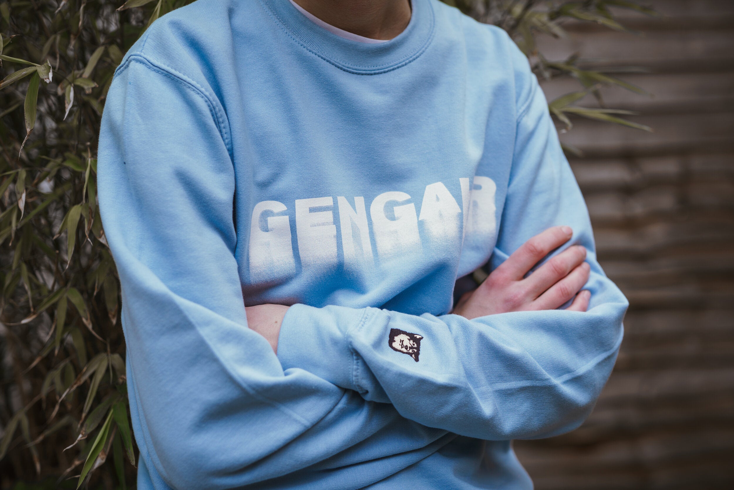 Close up of Gengahr baby blue sweatshirt showing screen printed logo and embroidered athena dog on arm.