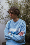 Gengahr baby blue logo sweatshirt worn by Hugh, screen printed logo on chest